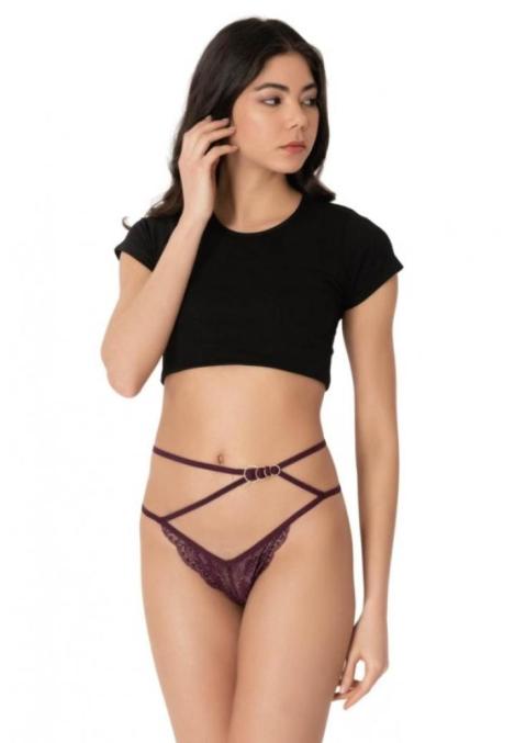 Chiloti Dama Cottonhill, Model Sexy, Tanga cu Barete, Accesorizati,Culoare Mov Inchis, Engros